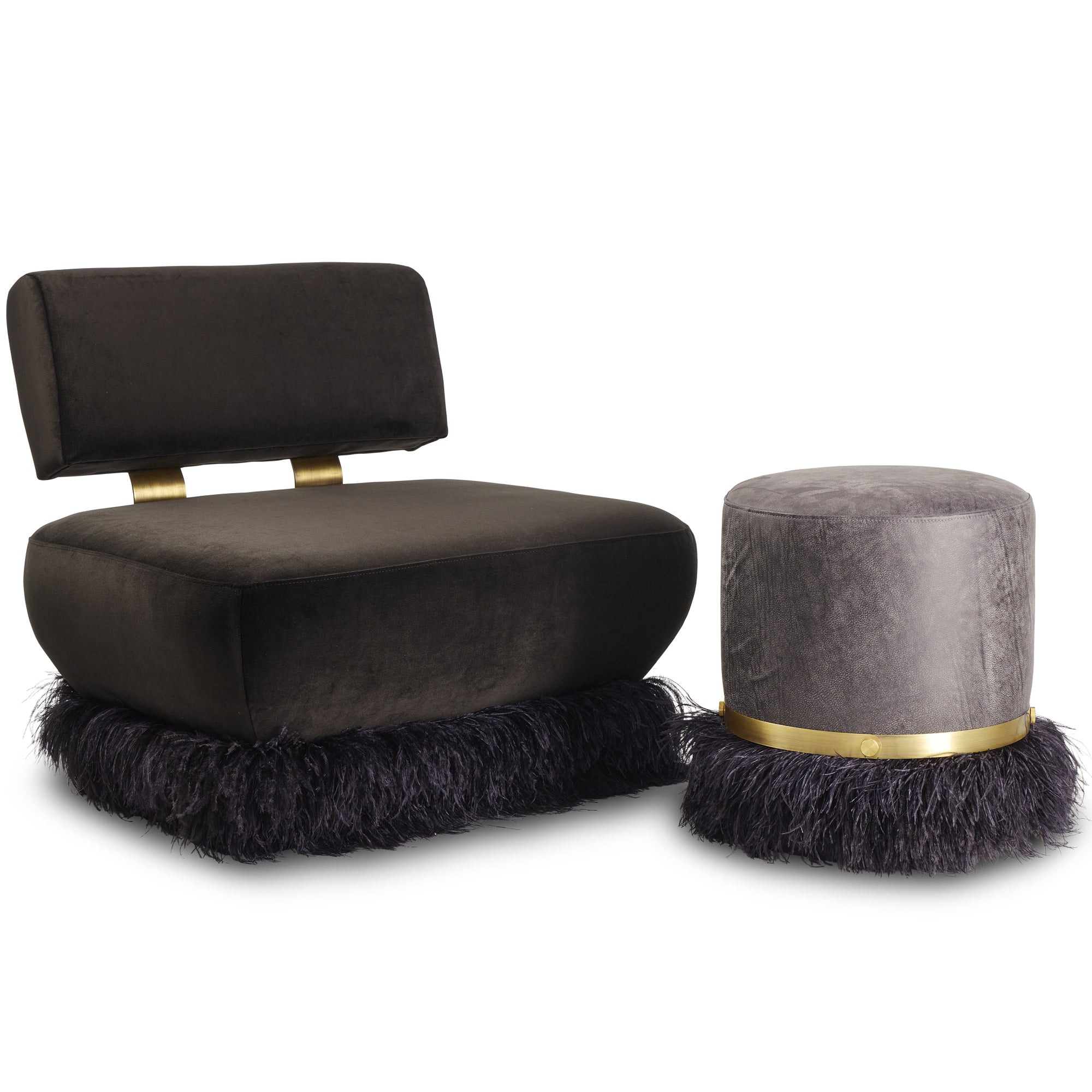 Ostrich Fluff Charcoal 450 Diameter Leather Pouf