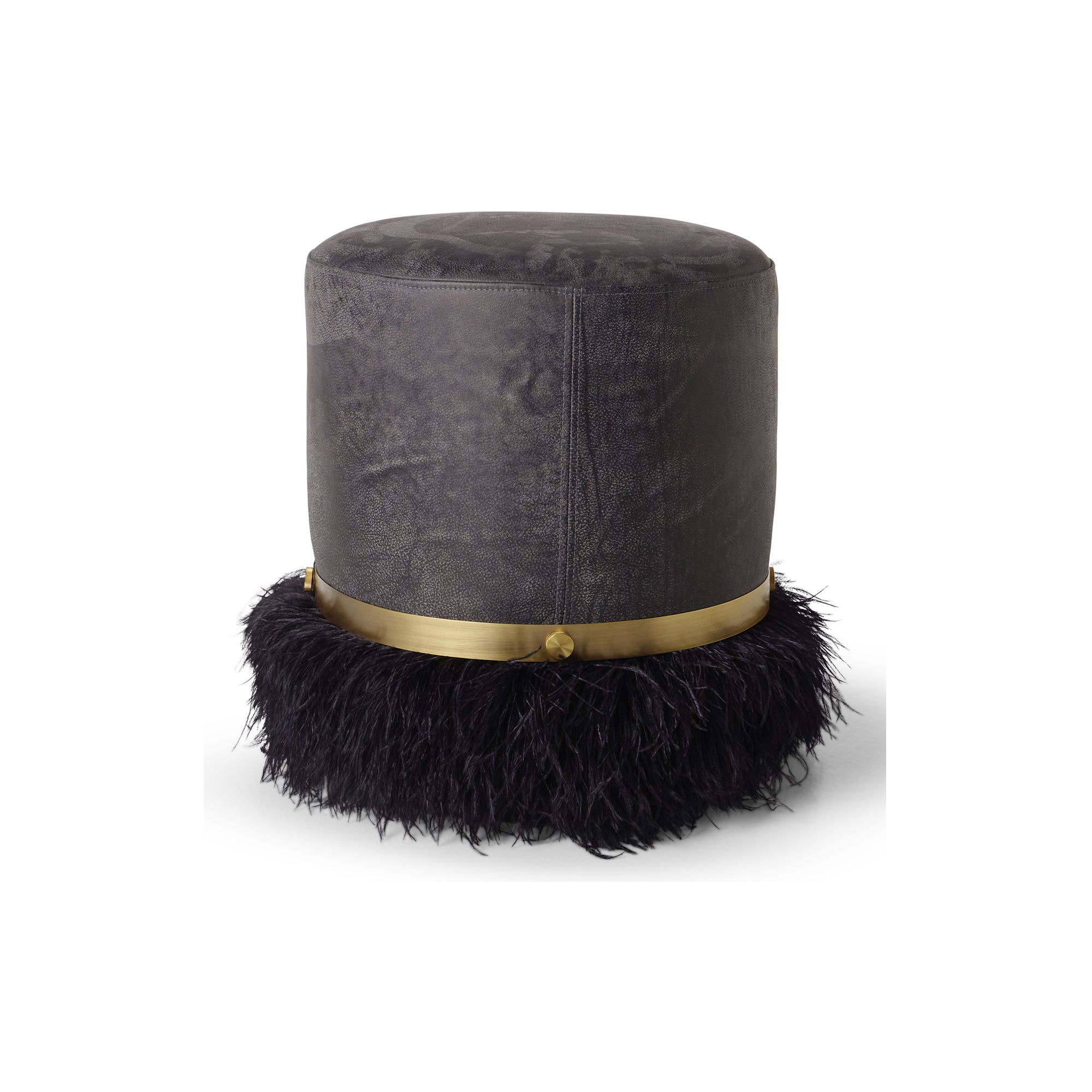 Ostrich Fluff Charcoal 450 Diameter Leather Pouf