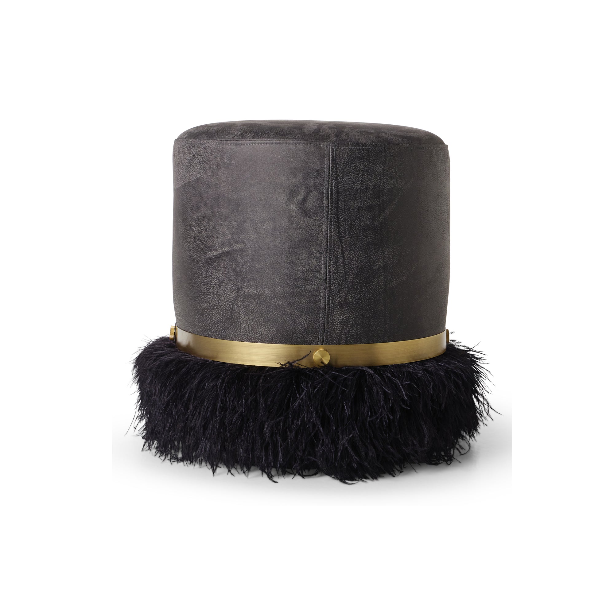 Ostrich Fluff Charcoal 450 Diameter Leather Pouf