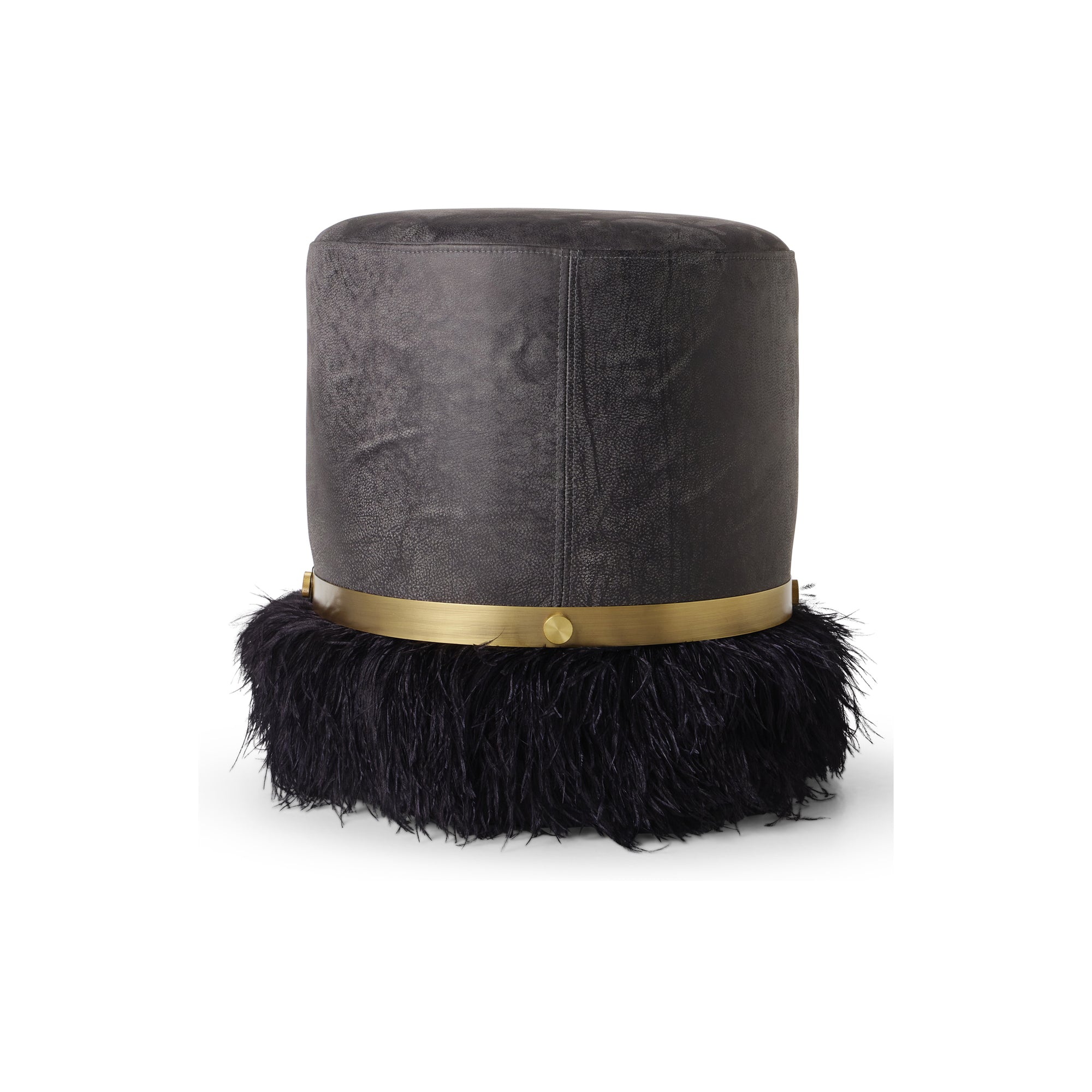 Ostrich Fluff Charcoal 450 Diameter Leather Pouf