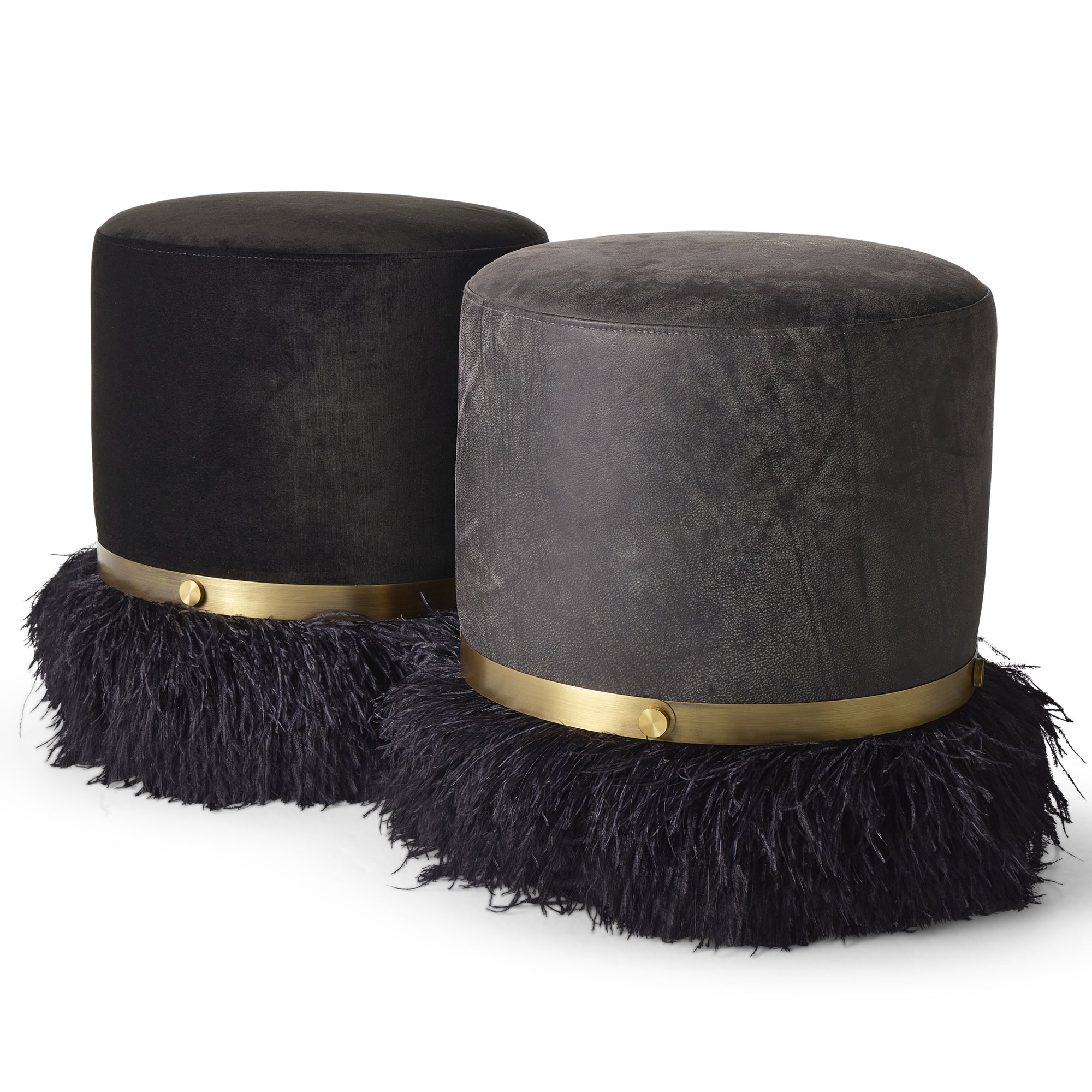 Ostrich Fluff Charcoal 450 Diameter Leather Pouf