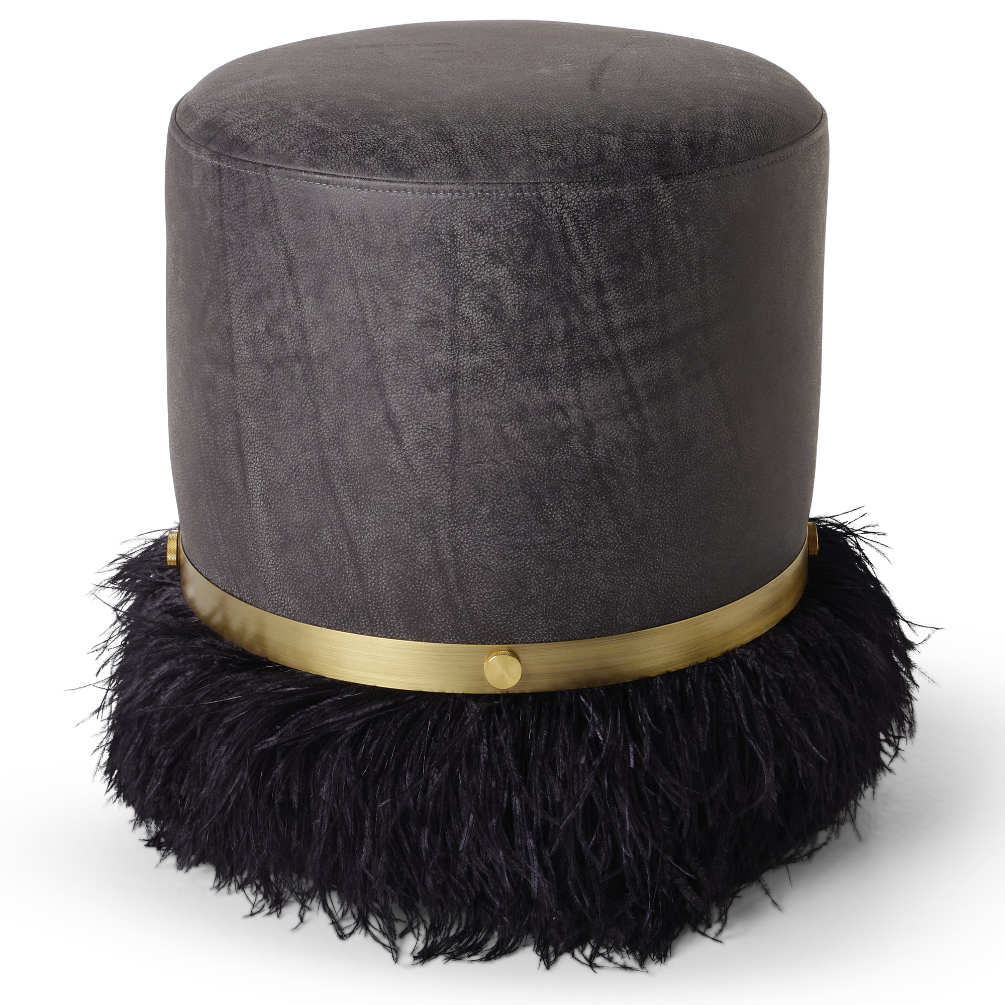 Ostrich Fluff Charcoal 450 Diameter Leather Pouf