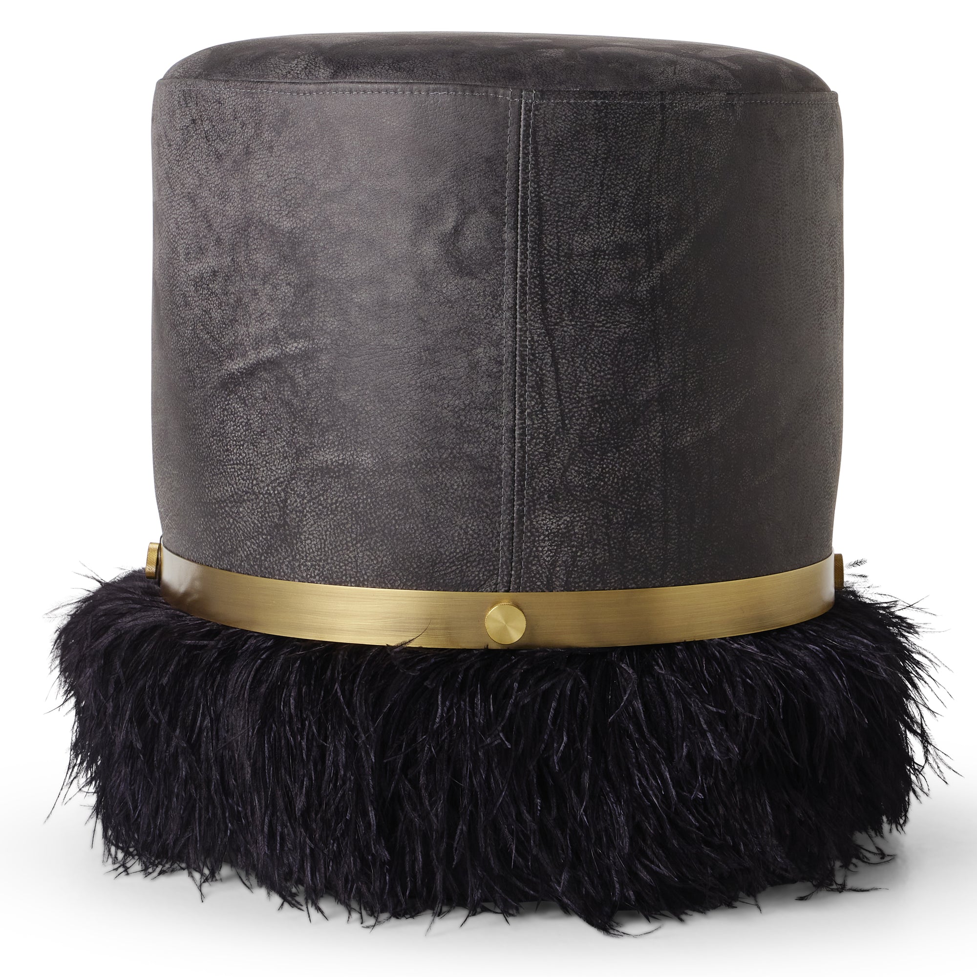 Ostrich Fluff Charcoal 450 Diameter Leather Pouf